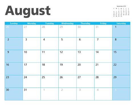 Calendar Of August 2015